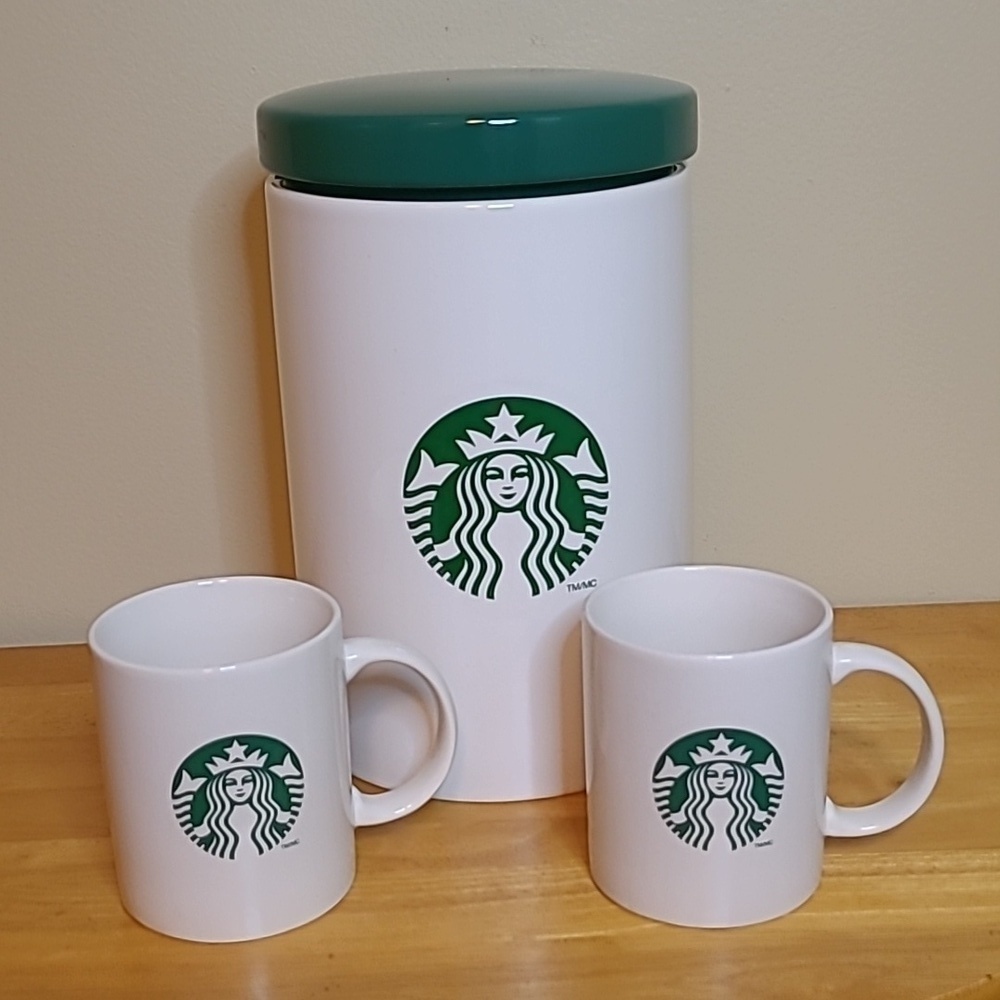 STARBUCKS Vintage 2012 Green And White Siren Logo Large Canister And Mug Set